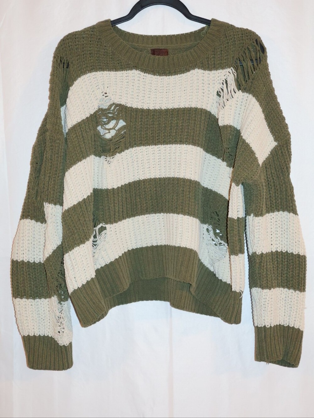 POL Olive Green and Cream Distressed Striped Knit Sweater. - Picture 2 of 13